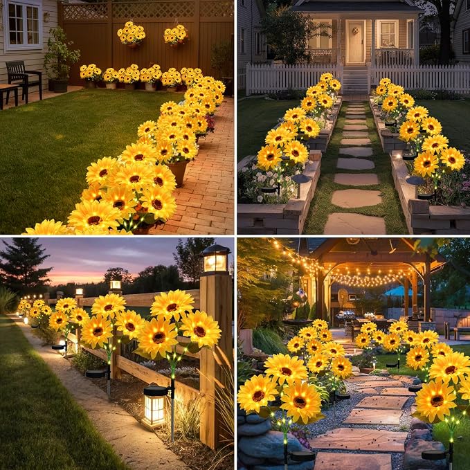 4Pack Sunflower Solar Lights Outdoor Waterproof Stake Light for Pathway | 12 Bigger Sunflower,Auto ON/Off,Garden Decorative Lights for Lawn Landscape Birthday Gifts for Mom Women