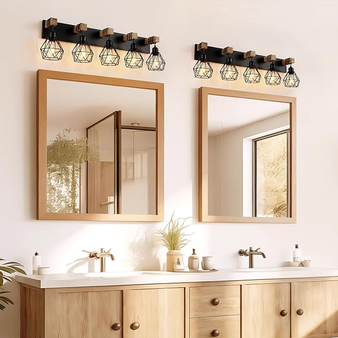 Farmhouse Vanity Light for Bathroom, 5-Light Wood Bathroom Vanity Light Fixtures Over Mirror, Rustic Sconces Wall Lighting with Metal Lampshade for Living Room, Bedroom, Hallway