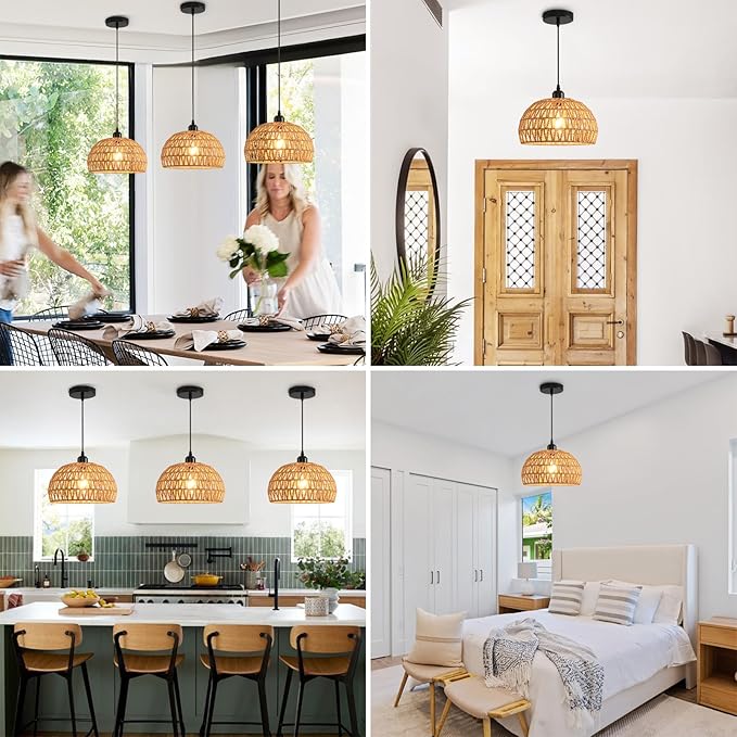 Rattan Pendant Light, Boho Dome Dining Room Chandelier, Brown Woven Kitchen Pendant Lighting over Island, Coastal Wicker Light Pendant Hanging Light Fixture for Nursery Entryway Bedroom, E26 Base
