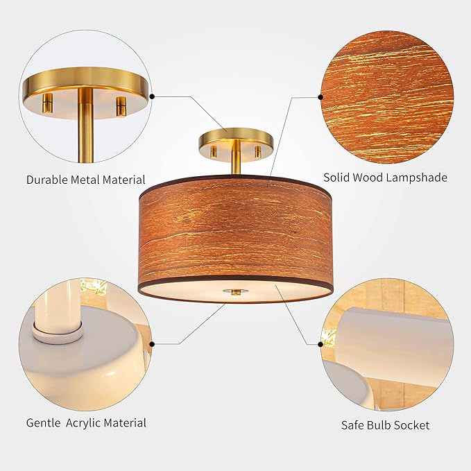 3-Light Solid Wood Drum Ceiling Lights, Farmhouse Style Semi-Flushmount Light Fixture for Dining Room, Living Room, Bedroom, D12 * H10 inch, Solid Wood Lampshade & Gold Finish