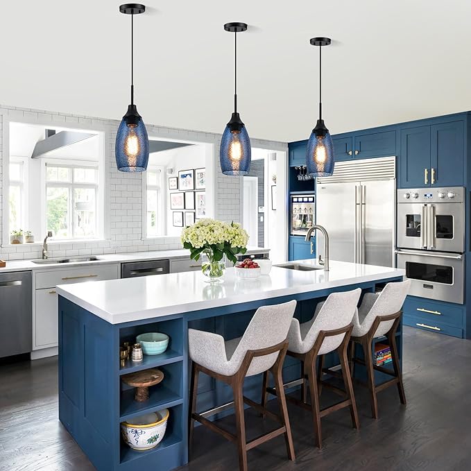Viinew Mini Glass Pendant Light,4.72" Dark Blue Glass Hanging Light 3-Pack Handblown Clear Blue Seeded Shade Adjustable Cord Ceiling Light Fixture for Kitchen Island Sink