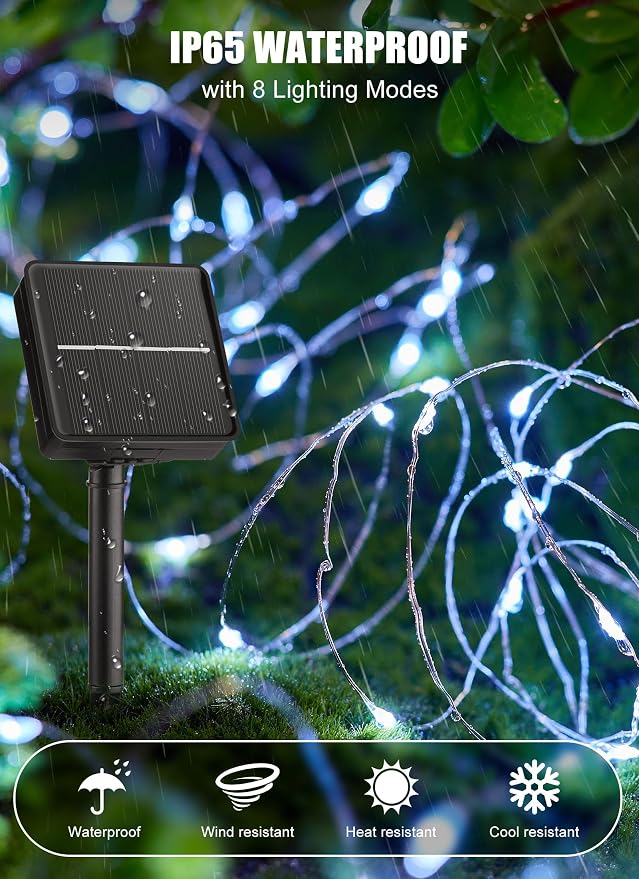 Solar Fairy Lights,33Ft 100 LED Solar String Lights with 8 Modes Pure White | IP65 Waterproof Solar Twinkle Lights Outdoor & Indoor, Patio Lights for Tree Garden Party Wedding Christmas Decoration