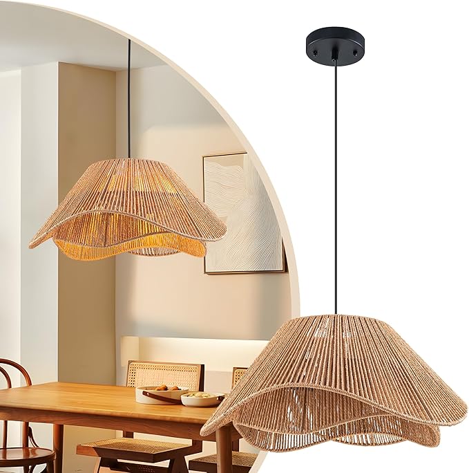 LumStory 19.7” Rattan Pendant Light Fixture Boho Farmhouse Woven Rattan Chandelier for Dining Room, 3-Light Large Bohemian Rustic Wicker Ceiling Hanging Lamp Over Table for Kitchen Island, Living Room