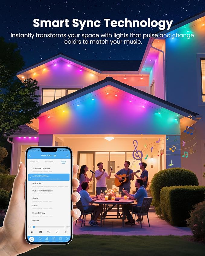 KISUFU 200FT RGB+IC Permanent Outdoor Lights, 24V Year-Round Roof & Eaves Lighting with 221 Modes, App & Remote Control, IP68 Waterproof, Smart Outside Lights for Valentine, Christmas, Holidays