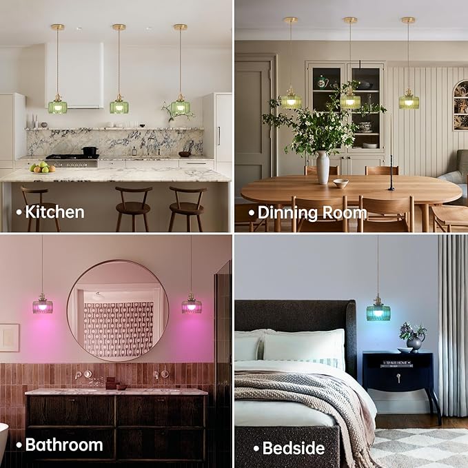 Shenmoyl Battery Operated Pendant Light 5000mAh Rechargeable Chandelier with Remote Control Wireless Adjustable Hanging Green Striped Light for Kitchen Island Dining Room Hallway
