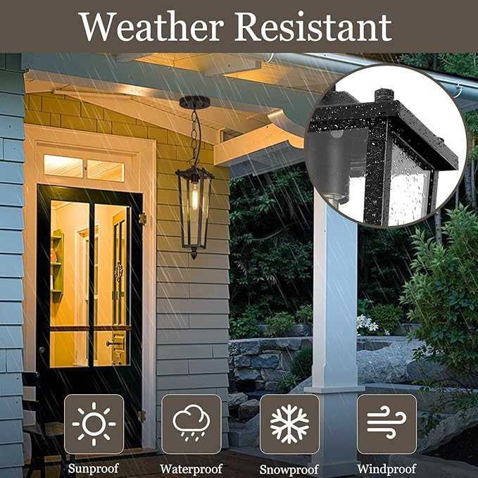 Outdoor Pendant Lights for Porch, 16" Black Outdoor Pendant Light with Clear Glass, Modern Hanging Porch Lighting Fixtures with Adjustable Chain for Gazebo Foyer, OS-OD2615-1HM