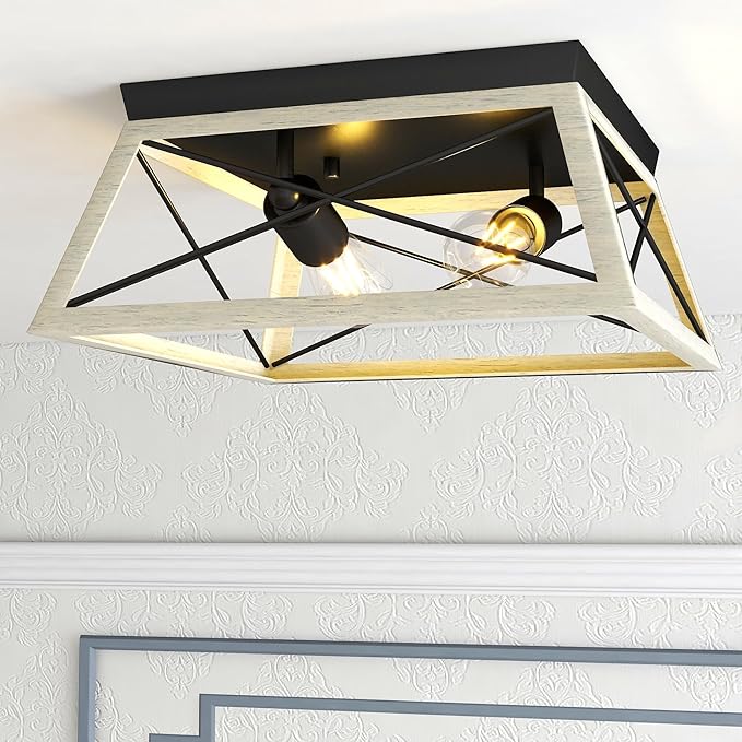 Pia Ricco 2-Light Flush Mount Ceiling Light, Rustic Industrial Farmhouse Square Fixture for Porch, Patio, Kitchen, Hallway, Entryway，Cream White