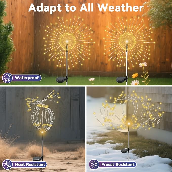 Garden Outdoor Lights, 2 Pack 120 LED Solar Garden Lights Fairy Solar Lights Outdoor Waterproof Decorative Solar Firework Lights for Yard Patio Pathway Flowerbed Party Wedding Decor, Warm White