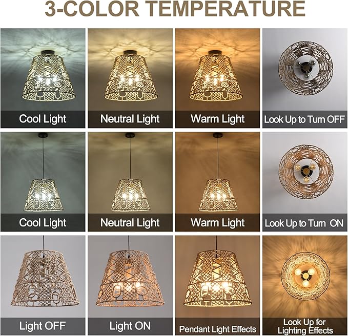 18.11" Rattan Pendant Light,Boho Hand Woven Wicker Hanging Light 3-Light Seagrass Rattan Chandelier for Dining Living Bedroom Sand Black Metal