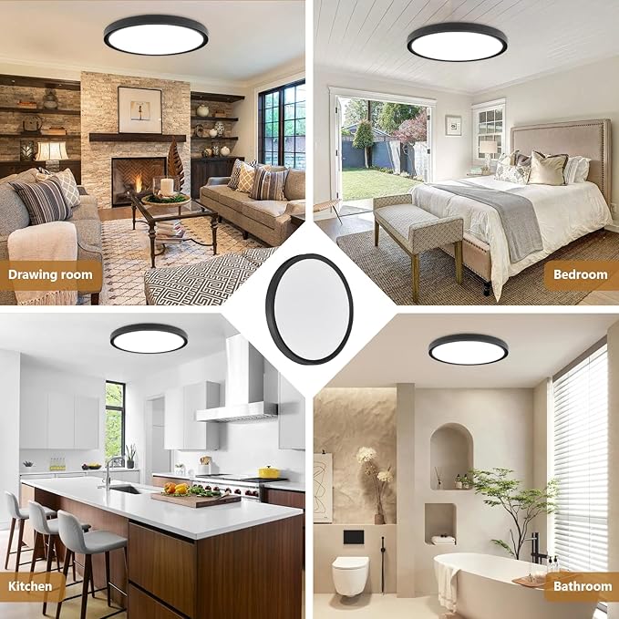 4PK 12 Inch LED Flush Mount Ceiling Light,24W, 2520LM, 3000K/4000K/6000K CCT Selectable,0.9inch Super Slim LED Ceiling Light, Low Profile Round Flat Panel Light for Bedroom,Kitchen,Hallway(Black)