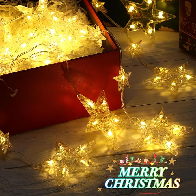 Aurelema 63 Stars Curtain Lights Plug in 9.8 ft 111 LED Christmas Hanging String Light with Remote, 8 Modes Curtain Window Lights for Xmas Home Indoor Outdoor Party Decor(Warm White)
