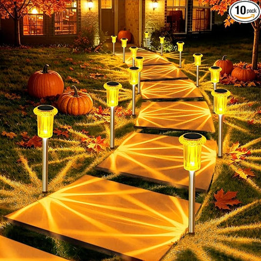 DenicMic Solar Lights Outdoor 10 Pack Waterproof Outside Fall Lights for Yard Pathway Garden Driveway Walkway Landscape Path Lighting Orange LED Stainless Steel Stake Halloween Decor