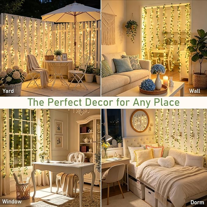 JMEXSUSS Vines Lights for Bedroom, 9.8ft x 9.8ft with Remote, 300 LED Fairy Lights with Vines, Artificial Pothos Curtain Light for Wall Dorm Wedding Indoor Decor