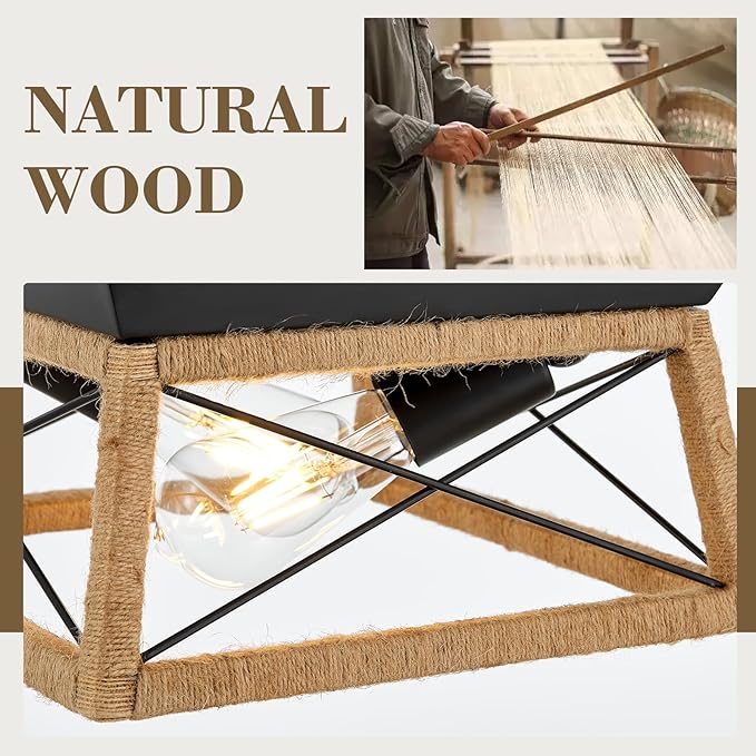 Boho Rattan Ceiling Light Fixture 2-Light Flush Mount Ceiling Light with Rattan Wood Shade Farmshouse Ceiling Lamp Fixture for Hallway Entryway Kitchen Sink Dining Room Bedroom