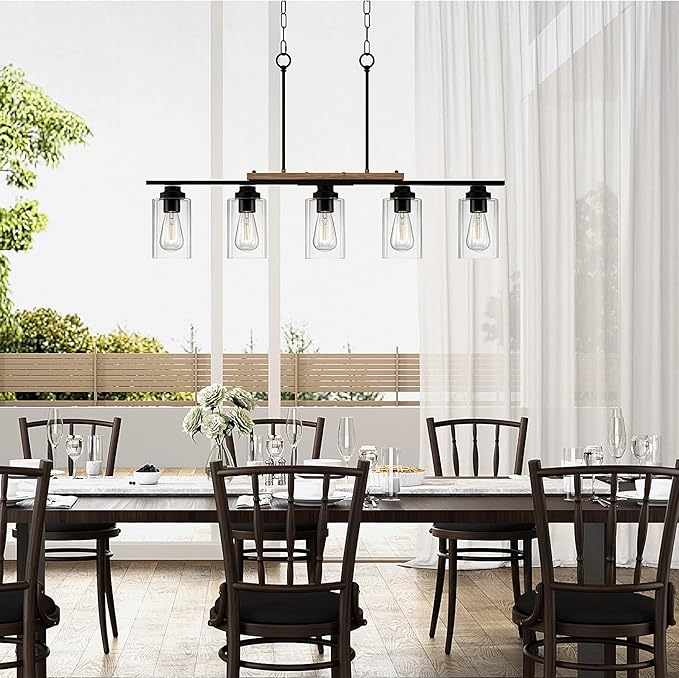 VONLUCE Dining Room Light Fixture Over Table, 5-Light Kitchen Island Lighting with Glass Shade and Adjustable Rods, Farmhouse Linear Chandelier Pendant Light for Kitchen Living Room, Matte Black