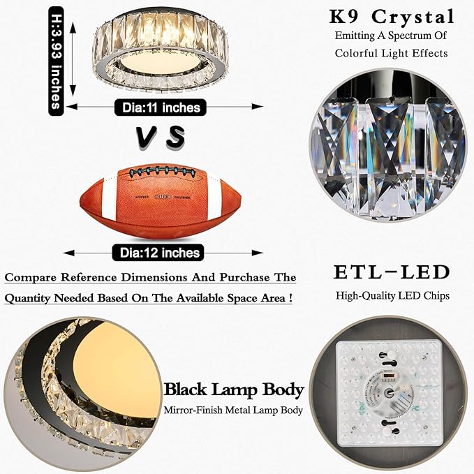 Crystal Dimmable Flush Mount Ceiling Light, Black Modern LED Close to Ceiling Light Fixture with 5CCT 2700K-6000K, Round Kitchen Lighting for Bedroom, Laundry Room, Hallway, Bathroom (11in 24W)