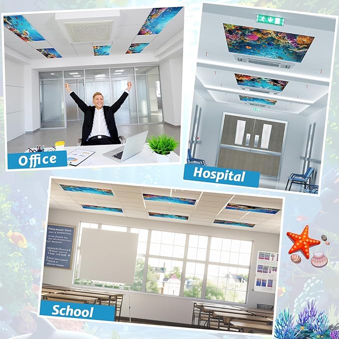 Wiooffen 6 Pcs Fluorescent Light Covers with 60 Magnets Decorative for Classroom Ceiling Light 4 x 2 Feet Magnetic Light Covers Filter Easy Install for Office Hospitals & Home (Ocean)