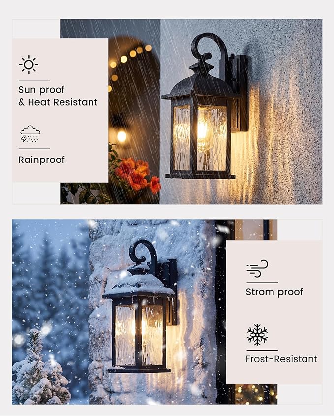 FEMILA Dusk to Dawn Exterior Wall Sconce, 15" Front Porch Light Fixtures Wall Mount for Patio, Garage, Garden, UL Listed, Matte Black Water Ripple Glass, 4FD54B-PC BK-WP
