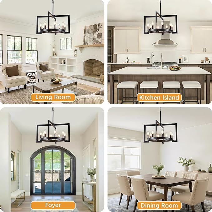 21.65" Modern Black Chandelier 8-Lights Geometric Industrial Round Pendant Light, Hight Adjustable, Vintage Light Fixtures for Kitchen Island Dining Room Living Room and Foyer