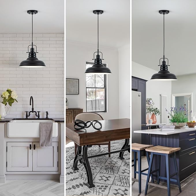 Zlepmlla Famrhouse Pendant Light, Black Pendant Light Fixture with Metal Dome Shade, Adjustable Height Hanging Light for Kitchen Island, Living Room, Bedroom