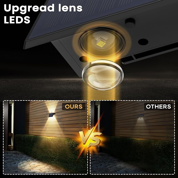 Fence Lights Solar Powered, 2-Pack Solar Fence Lights Up/Down Flexible Buttons, IP67 Waterproof for Outdoor, 100LM Bright, Auto Dusk to Dawn for Wall/Stairs/Yard/Railing/Deck/Pathway (Warm White)