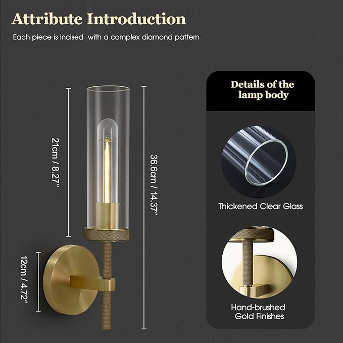 Knurled Wall Sconces Set of Two, Brass Wall Sconce Lights, 14" Gold Bathroom Wall Sconces, Glass Linear Sconce Wall Lighting, Vanity Lights Bathroom Light Fixture Wall Lights for Living Room