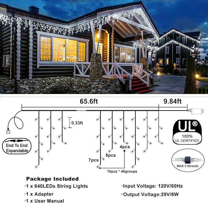 Icicle Christmas Lights Outdoor - 66FT 640 LED Icicle Lights for Outside with 8 Modes Timer, 120 Drops Waterproof Connectable String Lights Indoor for Patio Garden Holiday Decorations, Cool White