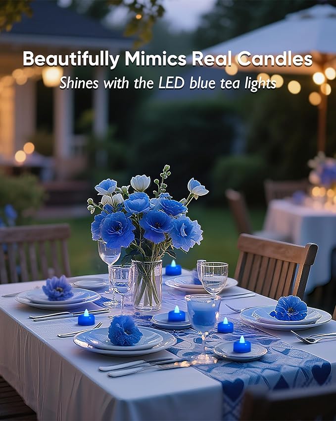 Amagic 12 Pack Blue Flameless LED Tea Lights Candles Battery Operated, Electric Fake Tealight Candles for Wedding, Table Centerpiece, Home Decor, Gift, Party, Halloween, Christmas, Proposal