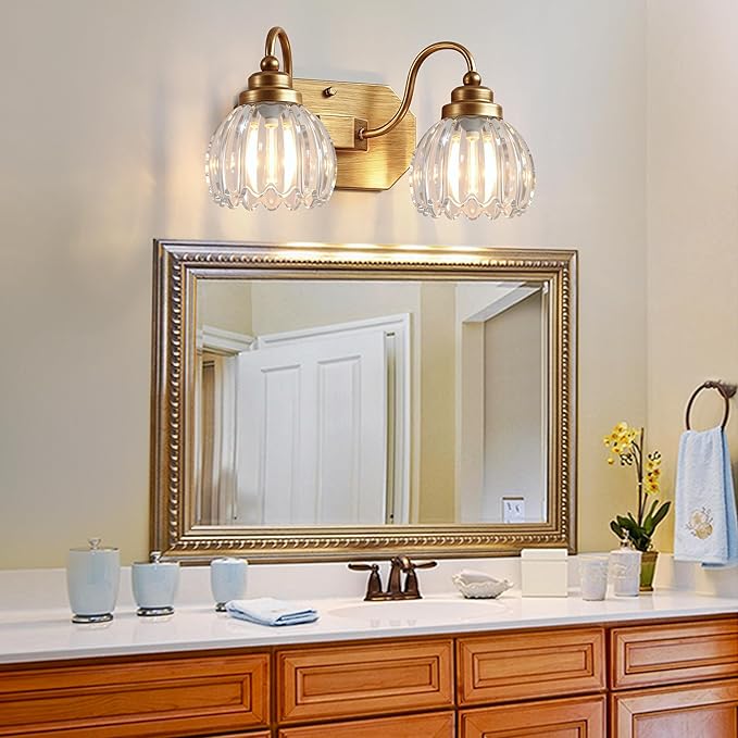 Gold Vanity Light, Vintage Bathroom Light Fixtures, 2-Light Matte Antique Brass Finish with Crystal Glass Shade, Mid Century Style Wall Sconces for Bedroom, Living Room