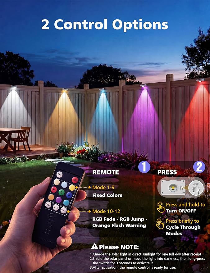 VOLISUN Solar Fence Lights with Remote Control, Fence Lights Solar Powered, IP65 Waterproof LED, RGB Color Changing Solar Light for Fence, Yard, Wall, Backyard (12 Pack,White)