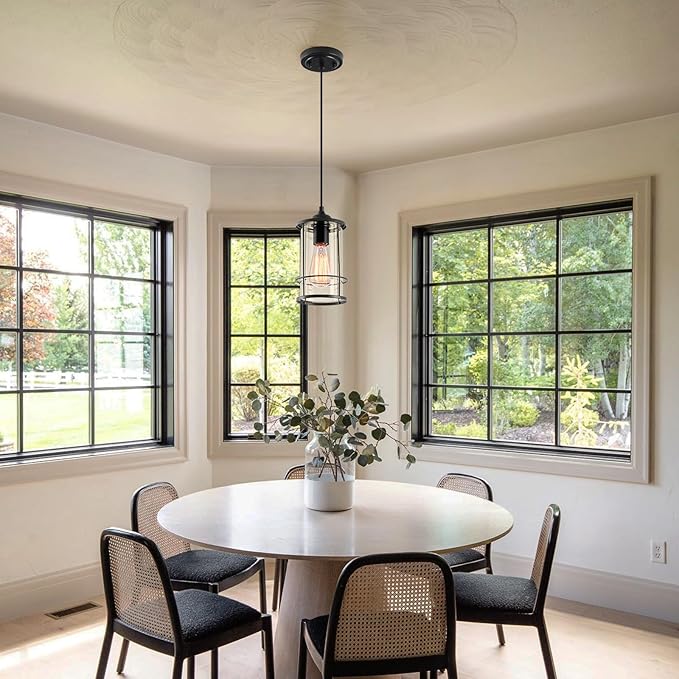 AKEZON Black Pendant Light Kitchen Island Glass Pendant Light Fixture, Kitchen Hanging Lights with Clear Glass, Modern Farmhouse Cage Pendant Lights for Dining Room Hallway Bathroom