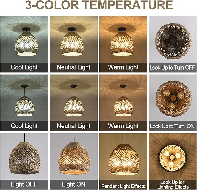 13.39" Rattan Pendant Light,Boho Hand Woven Wicker Hanging Light Natural Grass Rattan Chandelier for Dining Living Bedroom (Sand Black+Rattan)