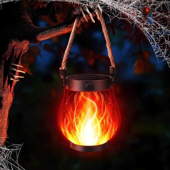 iBaycon 1 Pack Gen2 Solar Lantern Lights USB Halloween Flame Lamp, Red | Solar Garden Lights with Dual Charging USB & Solar, 2 Modes Outdoor Waterproof Hanging Lantern for Home Halloween Decor