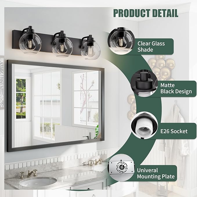 Espird Bathroom Light Fixtures-Matte Black Vanity Lights for Bathroom, Modern Black Vanity Lights 3-Light Bathrooms Lighting Fixtures Over Mirror with Clear Glass Shade