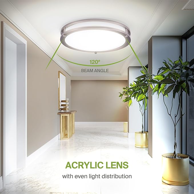 ASD LED 14" Round Flush Mount Lighting, Close to Ceiling Light Fixture | 3CCT, Dimmable, Energy Star, ETL Listed | 21W 1725LM 3000-5000K 100-277V | Low Profile Double Ring Lamp | Nickel