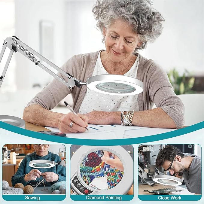 10X Magnifying Glass with Light and Stand, 5 Color Modes, Brightness Stepless Dimmable LED Lighted Magnifier Hands Free, 2-in-1 Desk Lamp & Clamp Light, Magnifier Lamp for Crafts - Silvery