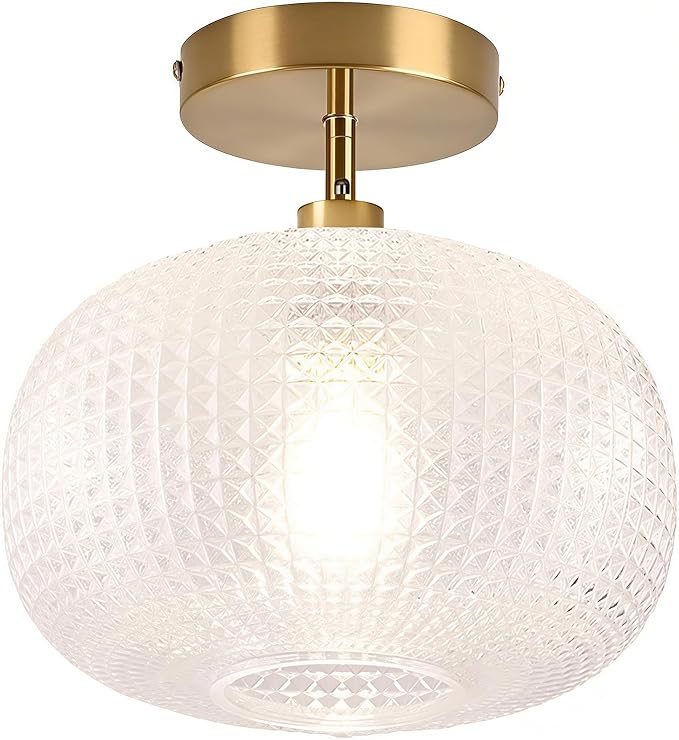 Gold Semi Flush Mount Ceiling Light Fixture,Hallway Light Fixtures,Vintage Ceiling Light Fixture,Globe Glass Ceiling Fixture,Hanging Ceiling Lamp,Farmhouse Lighting for Bathroom Entryway Bedroom