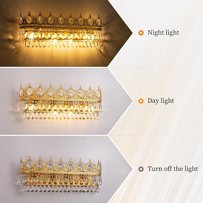 TOCHIC Bathroom Vanity Light Fixtures Over Mirror 4 Lights Gold Crystal Bathroom Wall Light Fixtures Indoor Dimmable, Farmhouse Vintage Sconces for Mirror Cabinets, Powder Room, Bedroom, 24.5” L