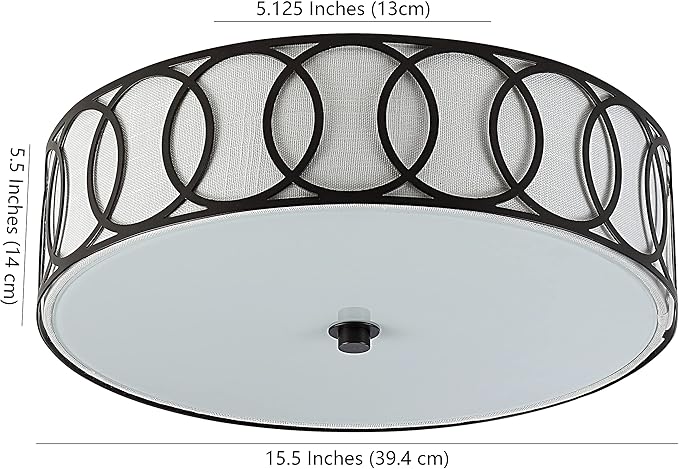 JONATHAN Y 15.5" Oil Rubbed Bronze Modern Metal LED Flush Mount Ceiling Light for Bedroom Hallway, White Linen Drum Shade with Geometric Fretwork, LED Bulbs Included (JYL3503C)