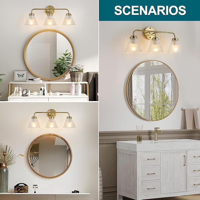Modern Bronze Bathroom Vanity Light, 3-Light Wall Sconce with Clear Ribbed Glass Shades, Farmhouse Industrial Light Fixture for Bathroom, Vanity Mirror, Powder Room, Hallway (bronze, Eletroplate, 3)