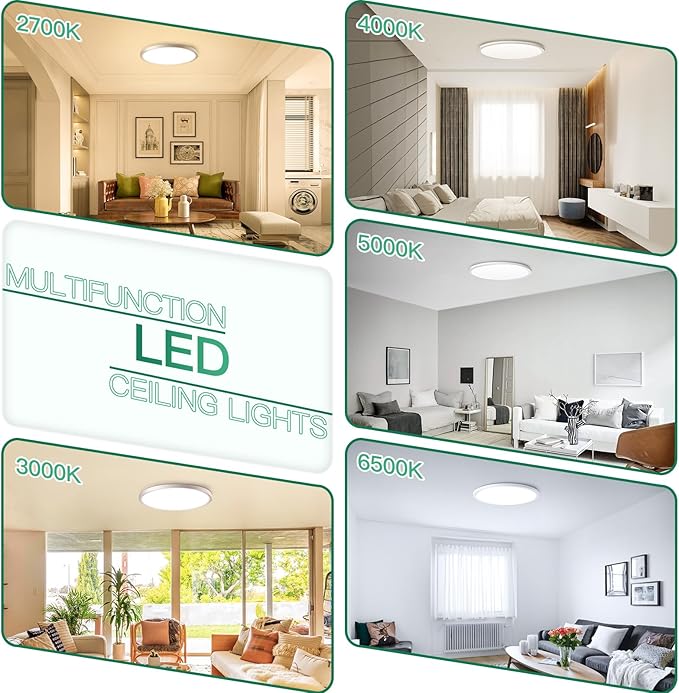 Brightever 12 Inch LED Flush Mount Ceiling Light, 24W 3200LM 5CCT Dimmable LED Ceiling Light Fixture, 2700K/3000K/4000K/5000K/6500K, Ultra Thin Ceiling Lamp for Bedroom, Dining Room, White, 2-Pack