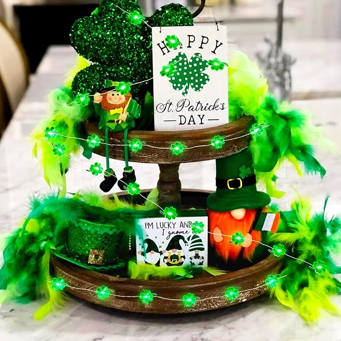 BOHON St Patricks Day Decorations Shamrocks String Lights 13 ft 40 LEDs | Battery Operated Lucky Clover Green Lights for St Patrick's Day Accessories Office the Home Saint St. Patrick's Day Decor