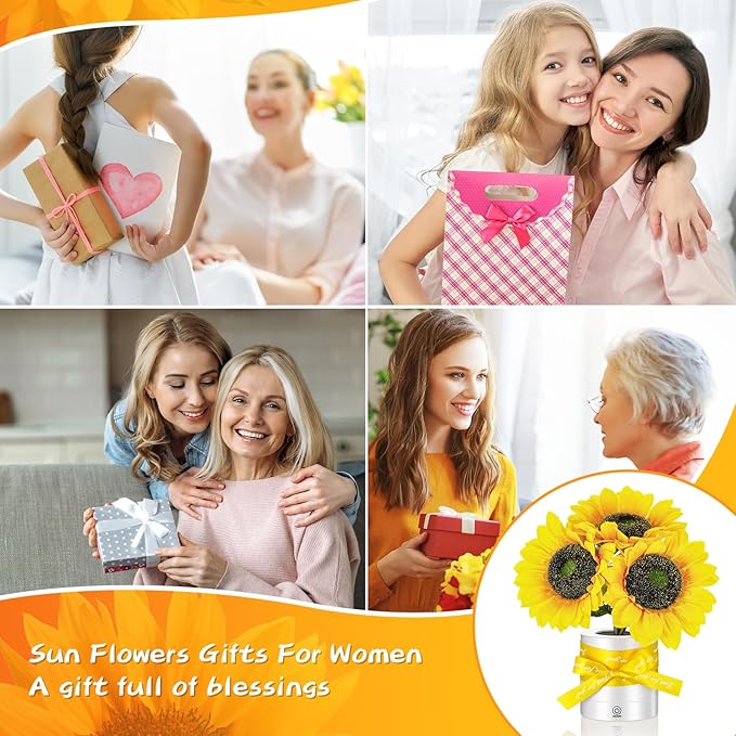 2 Sets Sunflower Lamp Gift for Women, Mother's Day Birthday Gifts for Women, Mom, Shimmering Sunflower Lamp with Cards Ribbons Gift Box Rechargeable Table Night Light for Anniversary Decor
