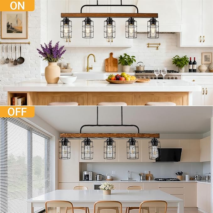 5-Light Farmhouse Walnut Chandelier for Dining Room, Black Kitchen Island Light with Rust-Proof Metal Frame & E26 Base, 49" Height Adjustable Pendant Light Fixture Over Table & Bar