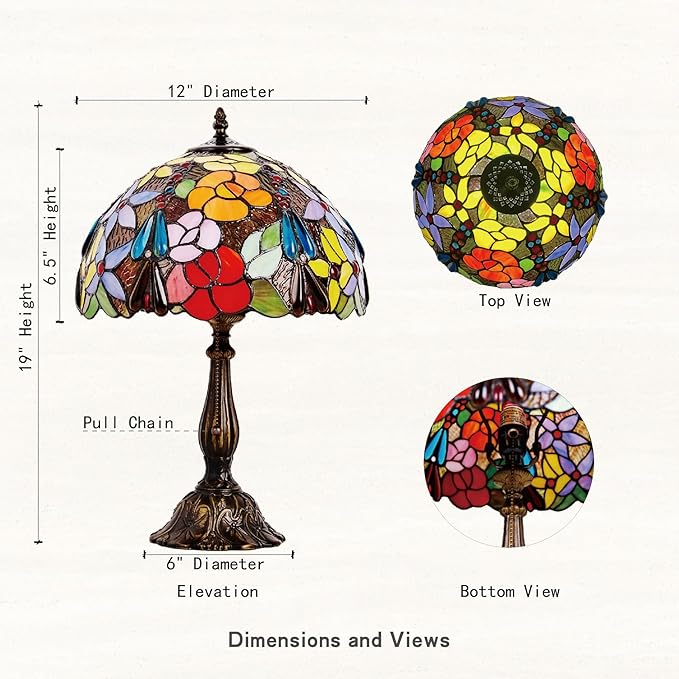 Tiffany Style Stained Glass Table Lamp, Floral Flower Desk Light with Antique Bronze Resin Base, Colorful Decorative Lighting for Bedroom, Living Room, Office 12X12X19 Inch (Flower Floral)