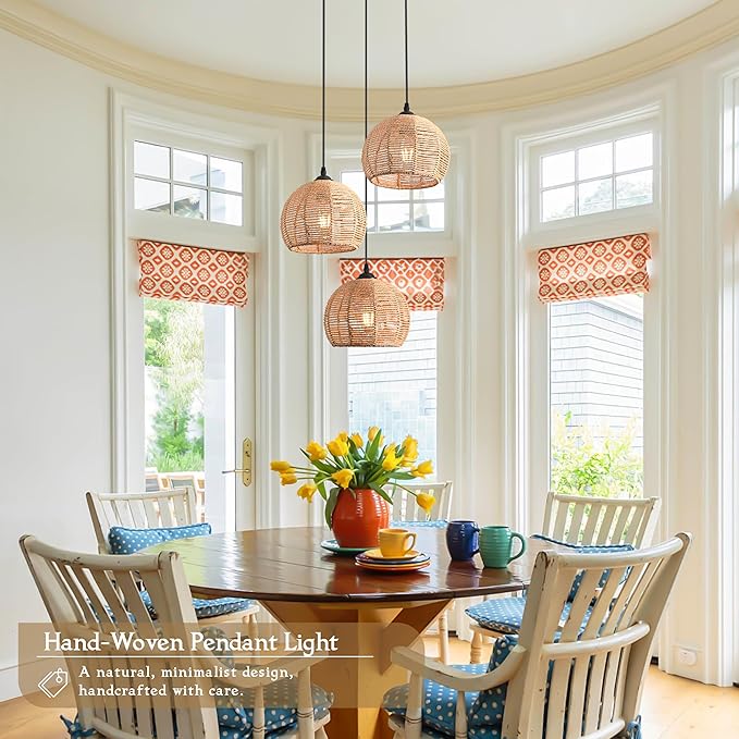 3-Light Mini Hemp Rope Woven Pendant Light Kitchen Island,3 Dome Hand Woven Boho Rattan Chandelier Farmhouse Wicker Ceiling Light,rustic Light Fixture For Living Room Hallway Dining Room(Bulb Incl.
