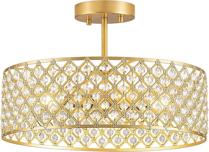 Gold Crystal Ceiling Light Fixture,Modern Semi Flush Mount Ceiling Lighting Fixture,Round Small Chandelier for Dining Room, Hallway, Entryway, Kitchen, Bedroom,Foyer,4 Light,15.7 inch