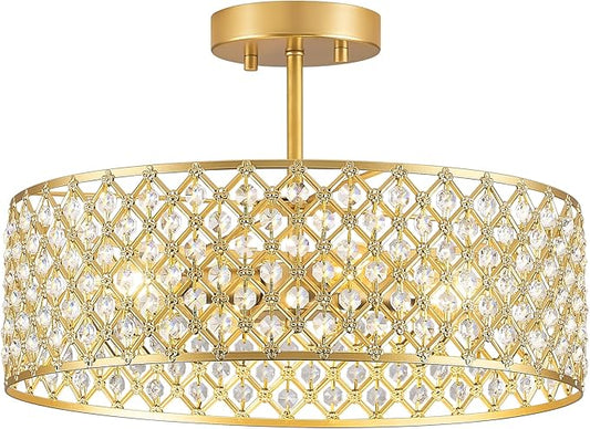 Gold Crystal Ceiling Light Fixture,Modern Semi Flush Mount Ceiling Lighting Fixture,Round Small Chandelier for Dining Room, Hallway, Entryway, Kitchen, Bedroom,Foyer,4 Light,15.7 inch