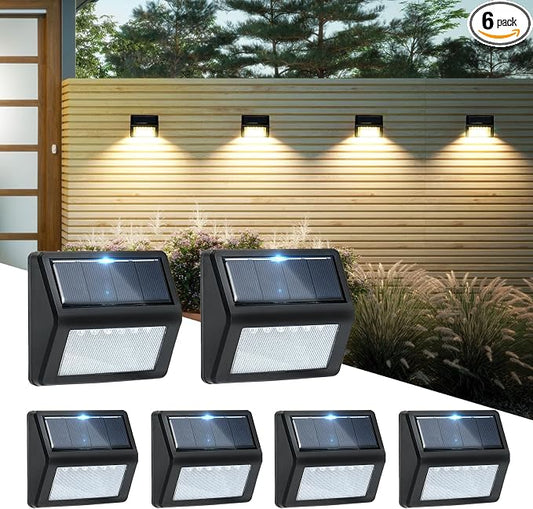 Bright Solar Fence Lights, 6 Pack Outdoor Step Lights, IP65 Waterproof, 3000K Warm-White, Dusk to Dawn Outdoor Lighting with 6 LED for Wall, Garage, Patio, Exterior, Porch
