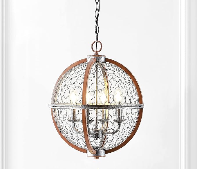 JONATHAN Y 16" Antiqued Silver/Brown 4-Light Iron Pendant Light, Rustic French Country Globe Chicken Wire Chandelier for Kitchen Island, Adjustable Height, LED Bulbs Included JYL7518A